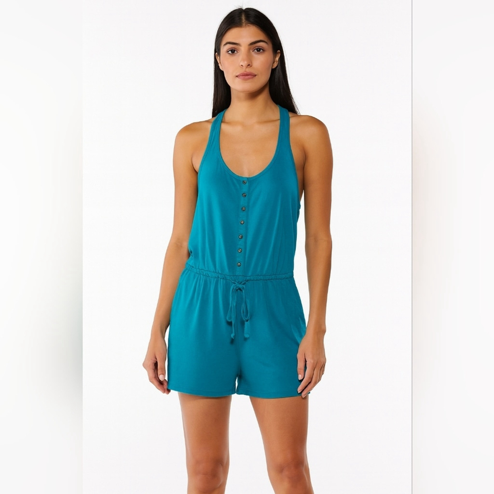 Express Blue Button-Front Romper – Size Medium